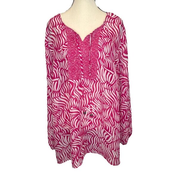 Susan Graver Pink White Polyester Semi Sheer Long Sleeve Top Blouse 2X - Picture 1 of 9